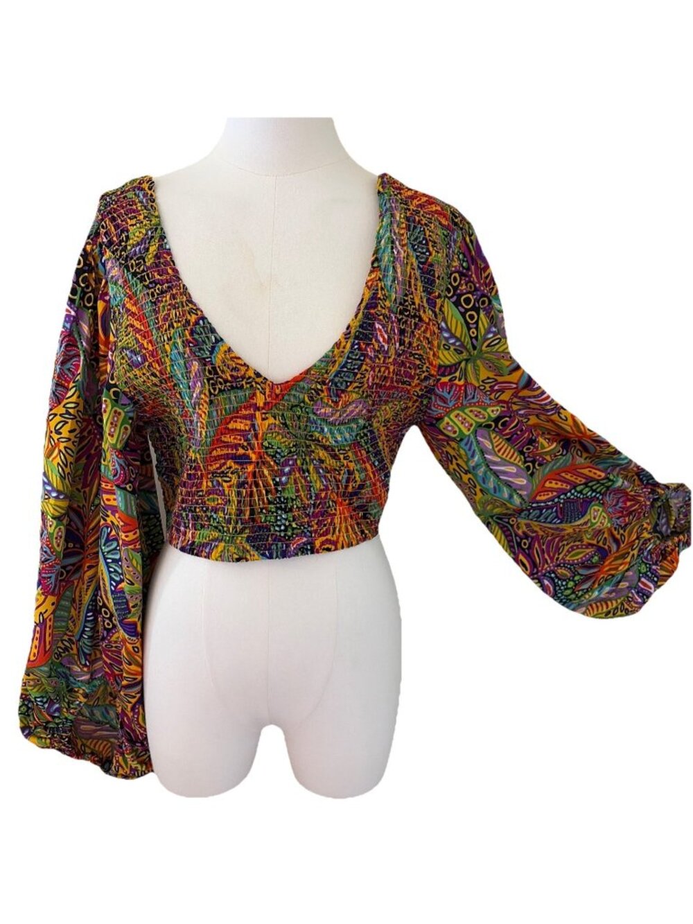 Live 4 Truth Smocked Crop Top Size L Exaggerated Puff Sleeve Colorful Festival